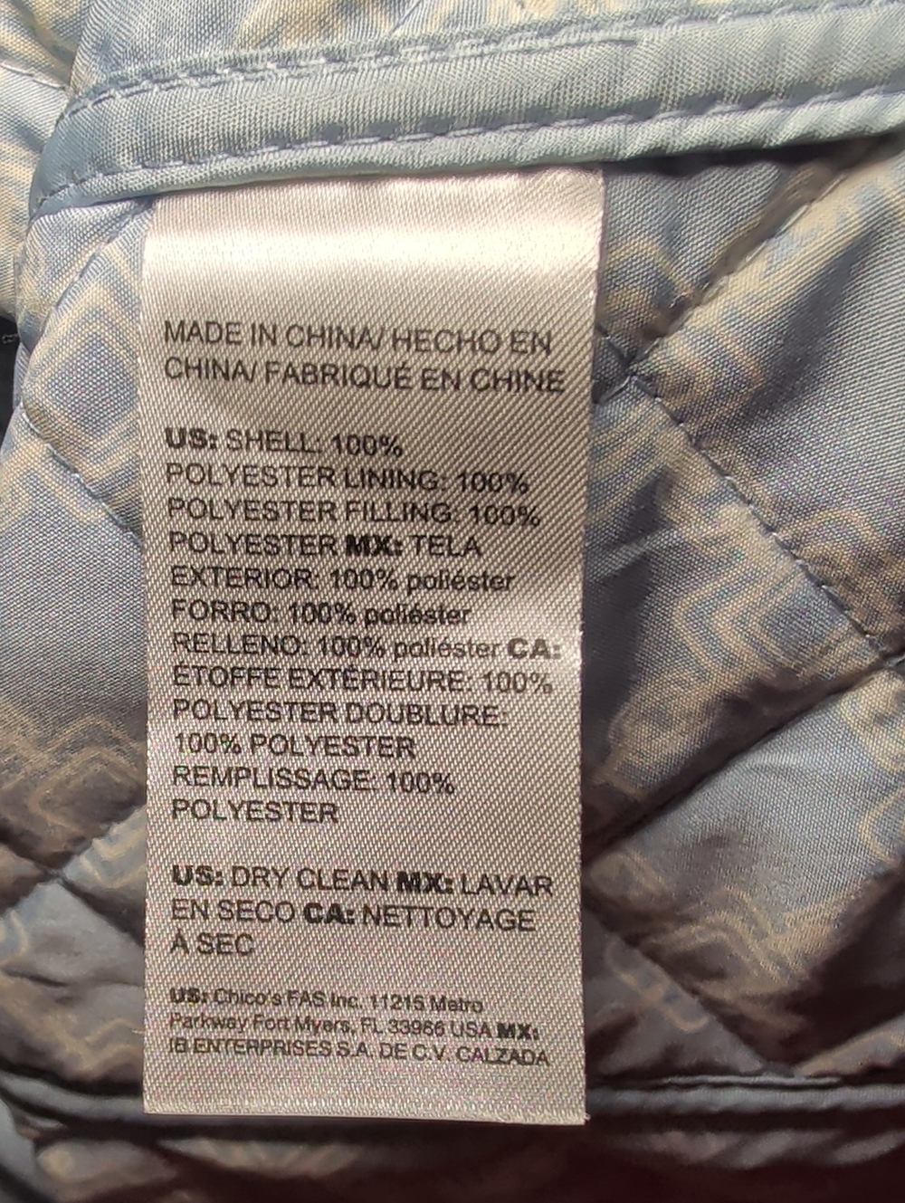 Chico's Lightweight Diamond-Quilted Coat Light Blue Button Front Women's 20-22 - Picture 5 of 6